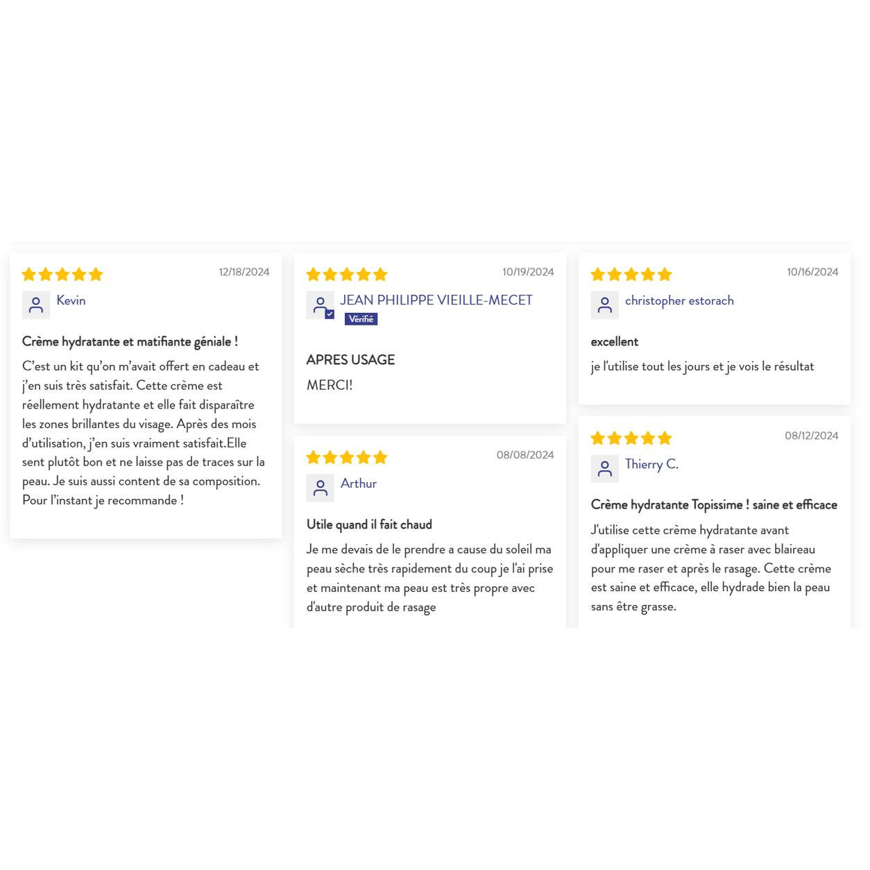 Avis clients 5 étoiles sur la crème hydratante matifiante MOAÏ pour homme, appréciée pour son hydratation, son effet matifiant et son efficacité sur les peaux grasses et mixtes.