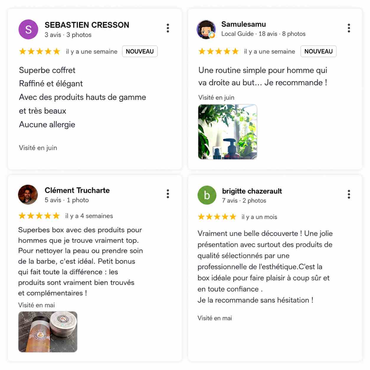 Avis Google 5 étoiles de clients satisfaits du coffret de soins homme MOAÏ, saluant la qualité des produits, le packaging et l'efficacité de la routine visage.