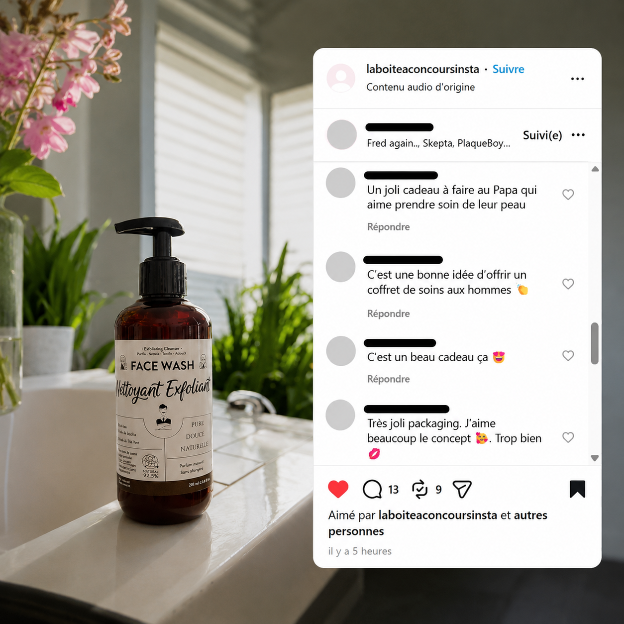 Avis clients Instagram positifs sur le nettoyant visage exfoliant homme MOAÏ, mettant en avant le coffret cadeau et la qualité des soins.