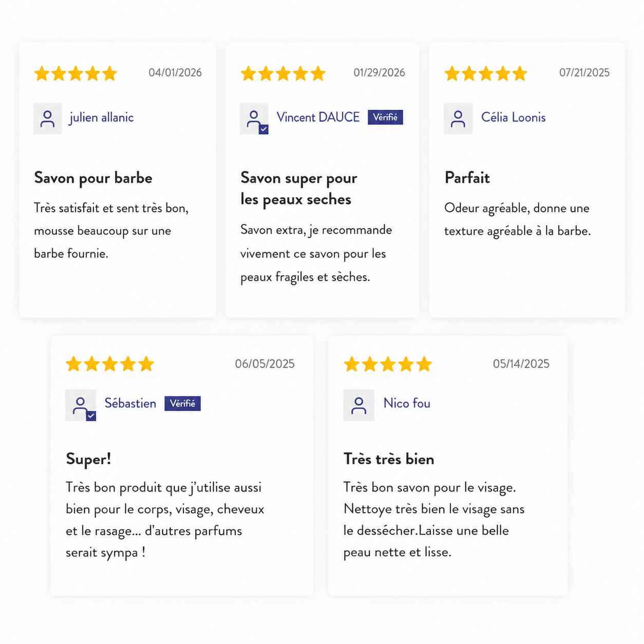 Capture d'écran de plusieurs avis clients positifs attribuant 5 étoiles au savon pour homme, soulignant son efficacité pour la barbe et les peaux sèches.