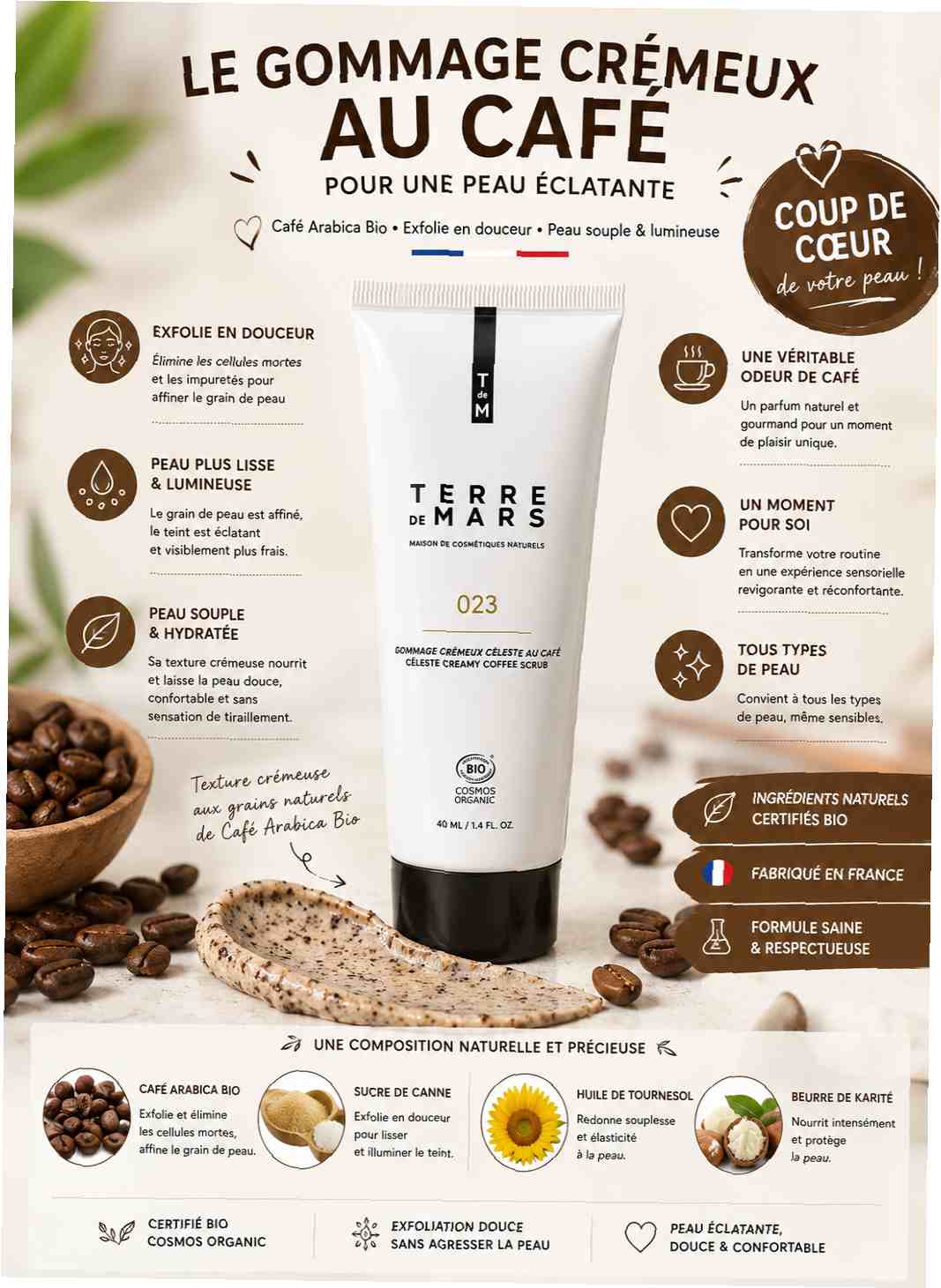 Infographie présentant les bienfaits du gommage visage au café Terre de Mars. Exfoliant bio qui élimine les cellules mortes, affine le grain de peau, illumine le teint et convient à tous les types de peau.