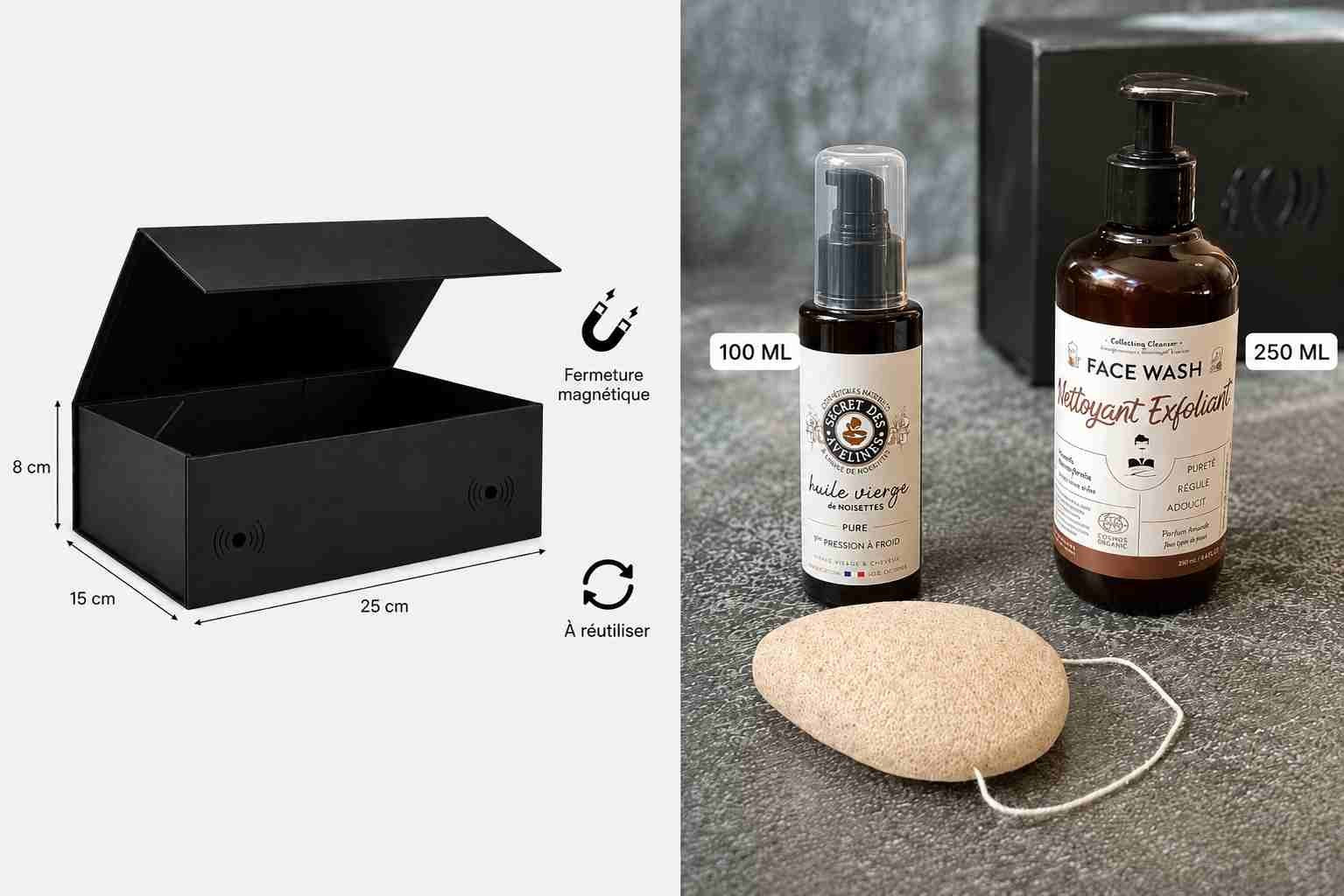 Coffret magnétique réutilisable MOAÏ présenté avec ses dimensions et son système de fermeture aimantée. Le visuel montre également une sélection de soins visage pour homme comprenant un nettoyant exfoliant, une huile de soin et un accessoire de nettoyage, intégrés dans le coffret.