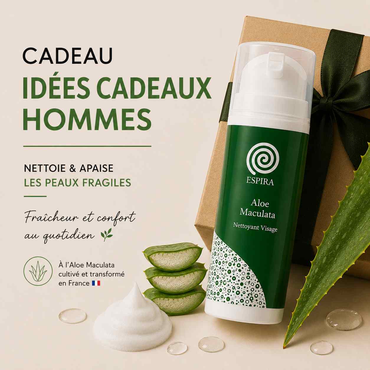 Flacon de nettoyant visage à l'aloe vera ESPIRA posé devant des feuilles d'aloe vera fraîches. Soin nettoyant naturel pour homme.