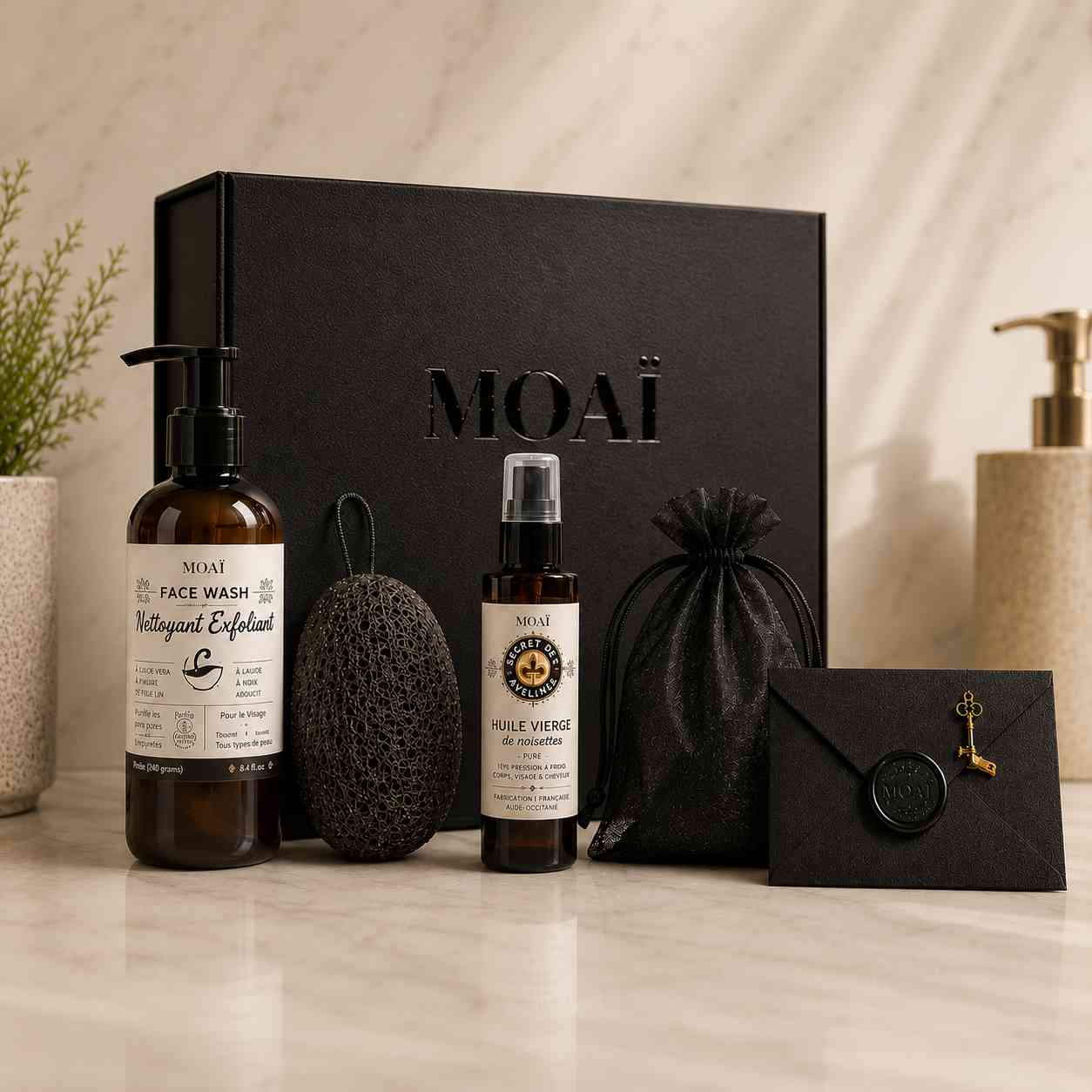 Coffret cadeau homme MOAÏ avec nettoyant visage Face Wash, huile vierge de noisette, éponge konjac, pochette cadeau et boîte magnétique