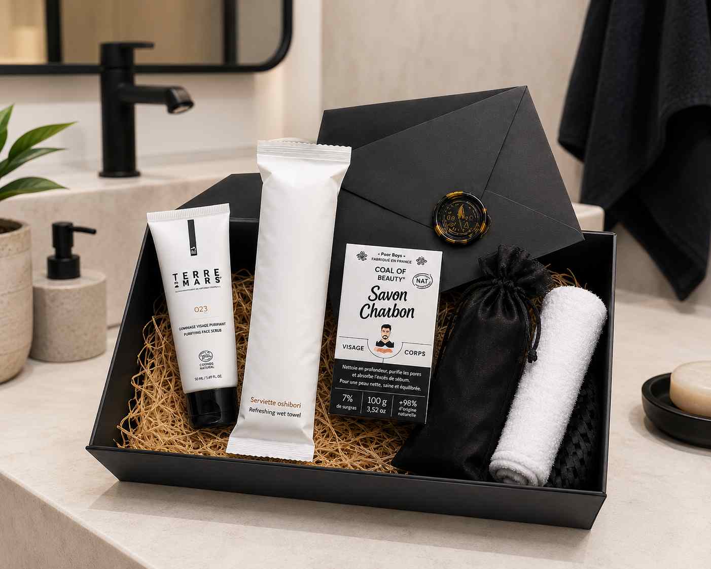 Coffret cadeau pour homme ouvert dans une salle de bain contenant un gommage Terre de Mars, un savon au charbon Coal of Beauty et un pochon noir.