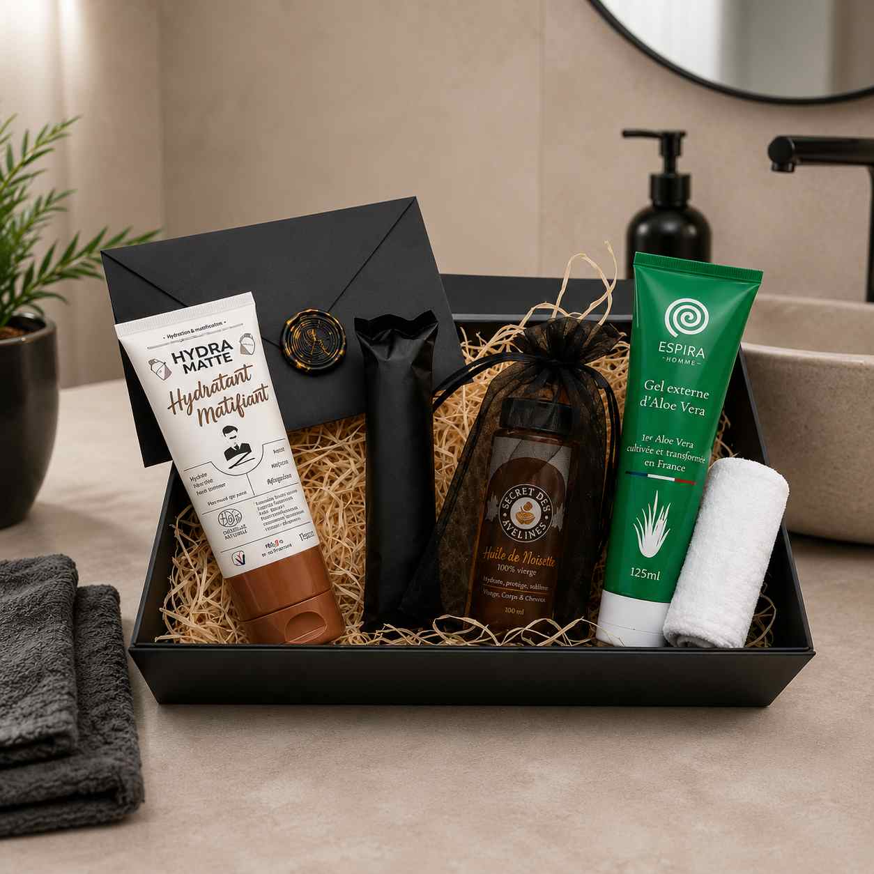 Coffret cadeau de soins masculins posé sur le plan vasque d'une salle de bain moderne.