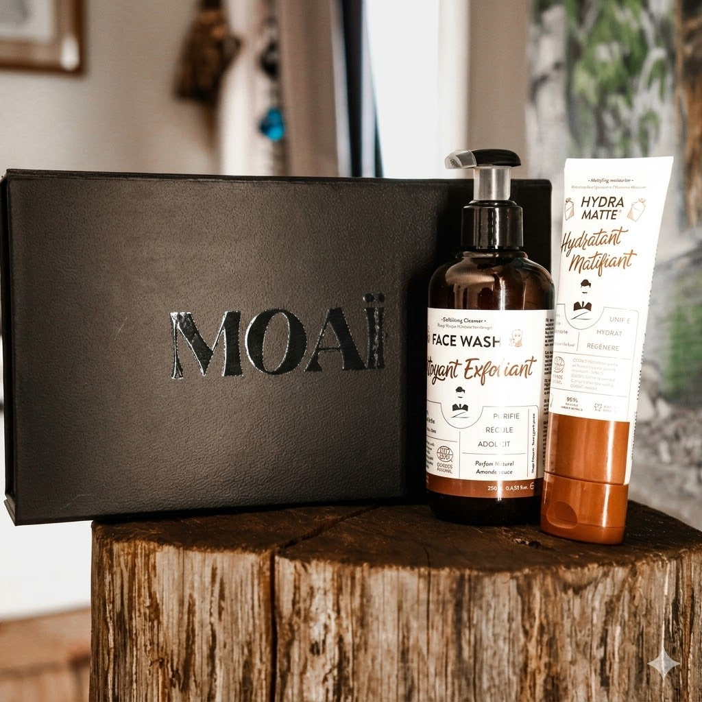 Coffret de soins homme MOAÏ avec nettoyant visage exfoliant et hydratant matifiant. Présentation élégante des produits devant le coffret noir signature de la marque.