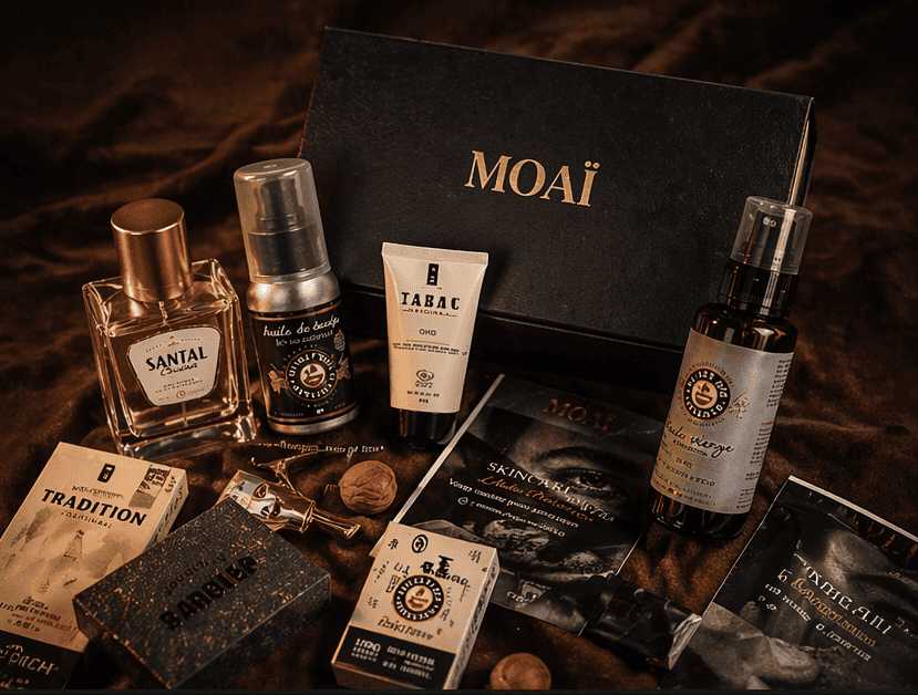 Coffret premium MOAÏ accompagné d’une sélection de soins pour homme, d’un parfum, d’un savon artisanal et d’accessoires exclusifs. La présentation met en avant une expérience de soin complète alliant bien-être, élégance et découverte de produits haut de gamme.