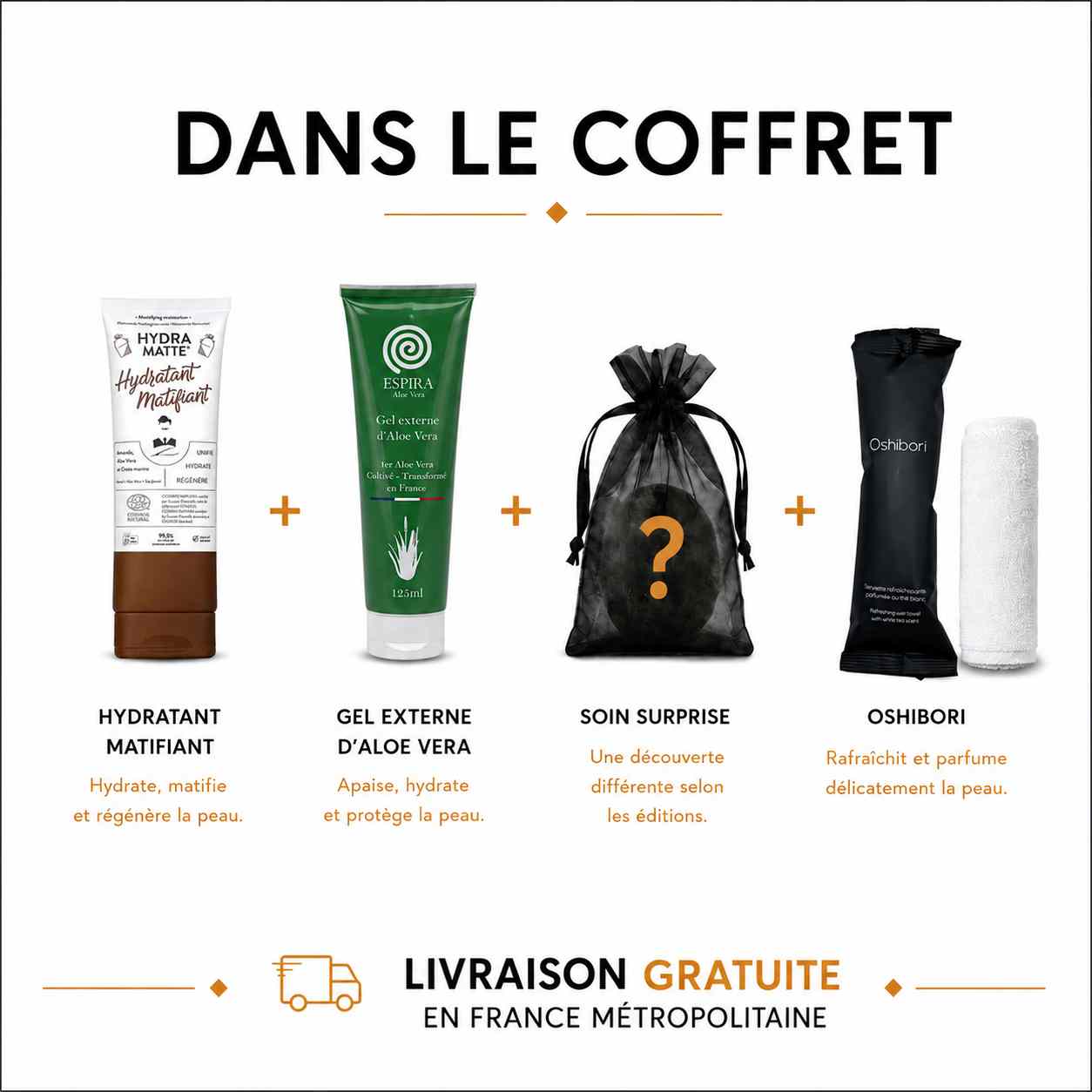 Visuel publicitaire détaillant les produits du coffret : une crème hydratante matifiante, un gel d’aloe vera Espira, un soin surprise et une serviette oshibori avec mention Livraison gratuite.