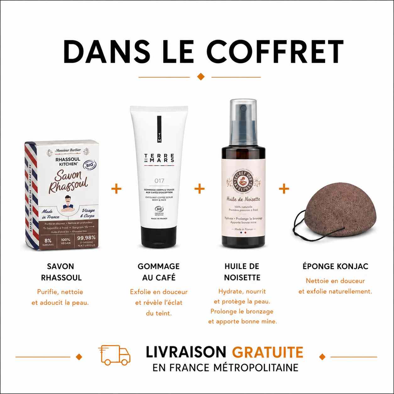 Liste visuelle du contenu du coffret homme : savon rhassoul, gommage au café, huile de noisette et éponge konjac avec mention livraison gratuite.