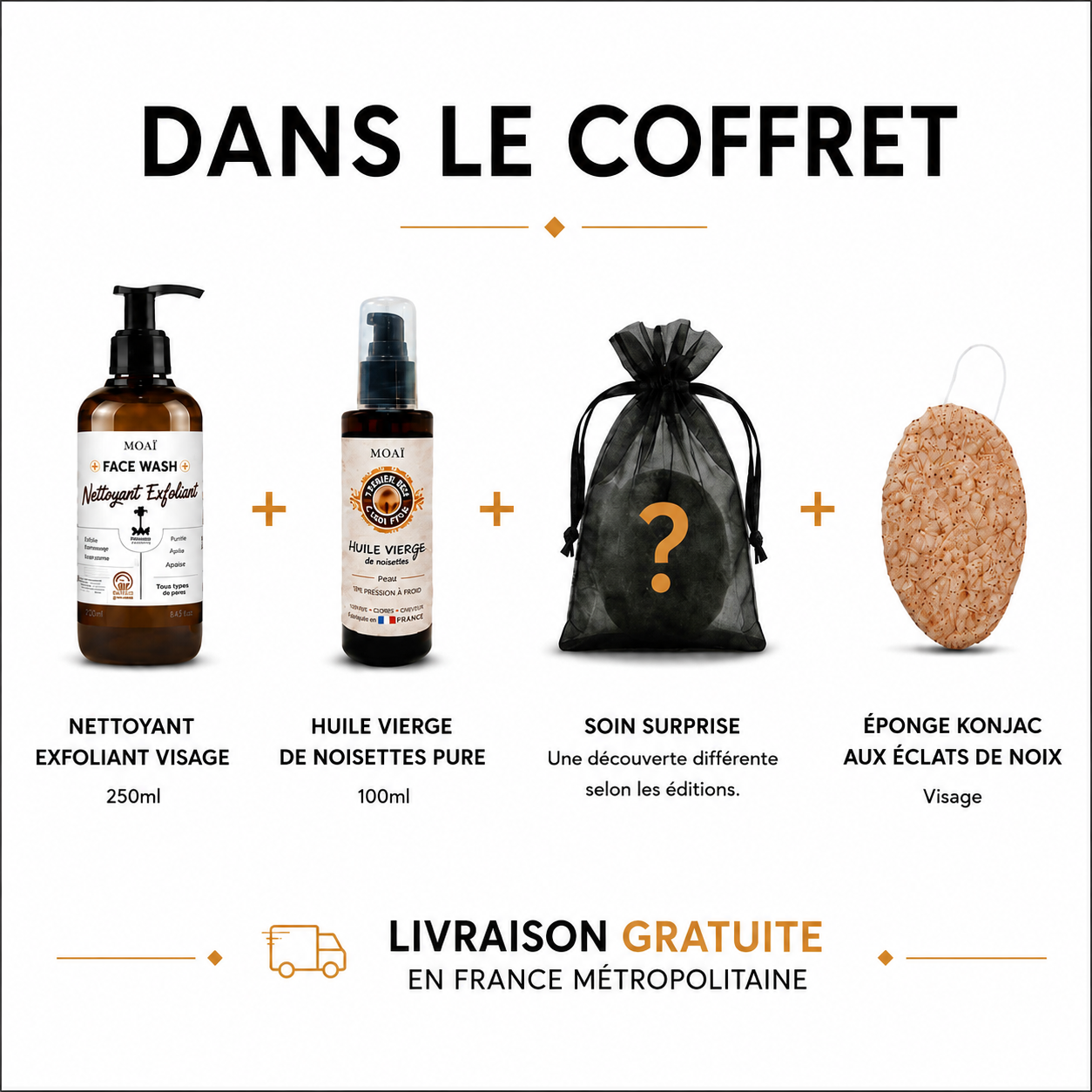 Présentation du contenu du coffret MOAÏ comprenant un nettoyant nettoyant exfoliant visage 250ml, une huile vierge de noisette pure 100ml, un soin surprise et une éponge konjac aux éclats de noix.