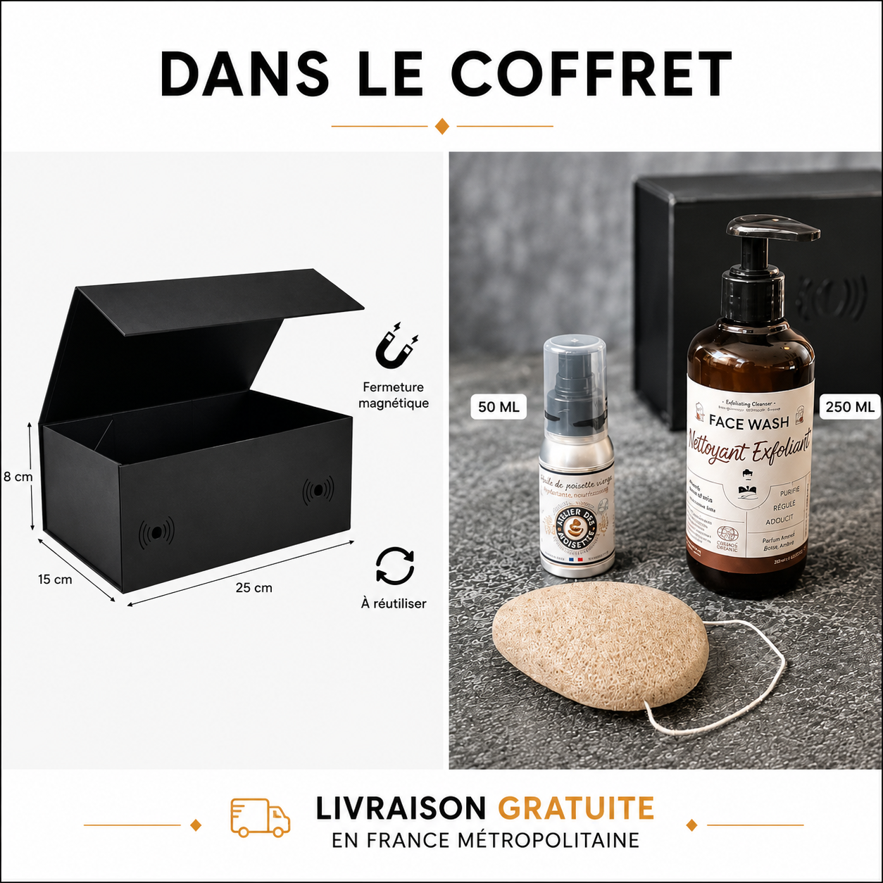 Contenu du coffret de soins pour homme MOAÏ avec boîte magnétique, Face Wash Monsieur Barbier, brume visage 50 ml et éponge konjac