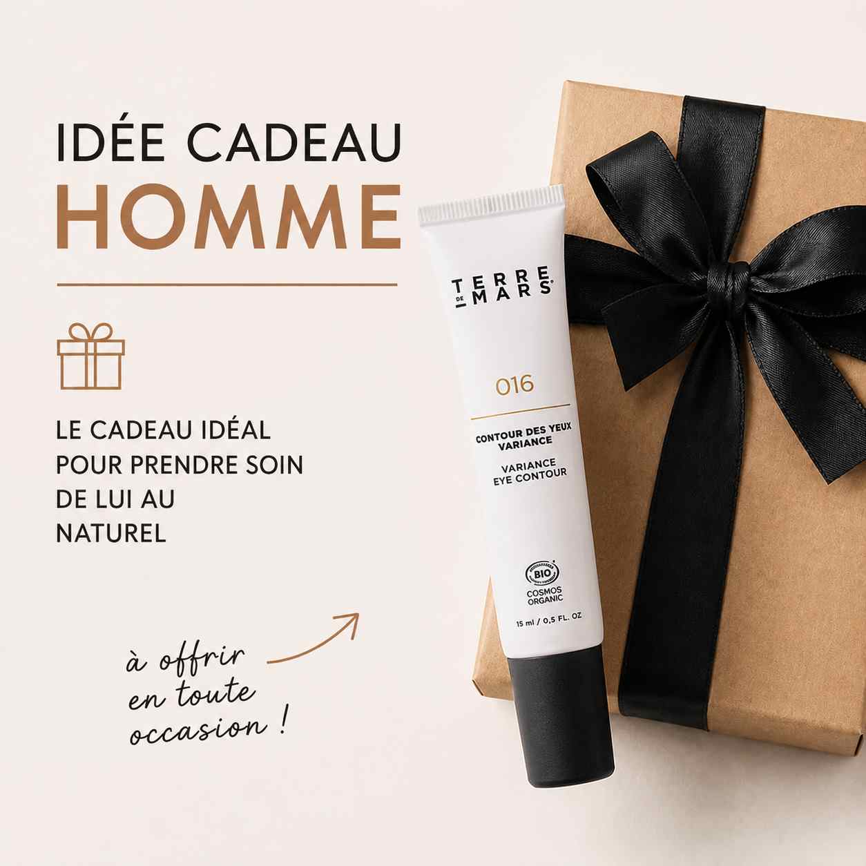 Contour des yeux au café Terre de Mars présenté comme idée cadeau pour homme. Soin bio qui réduit les cernes, les poches et défatigue le regard.