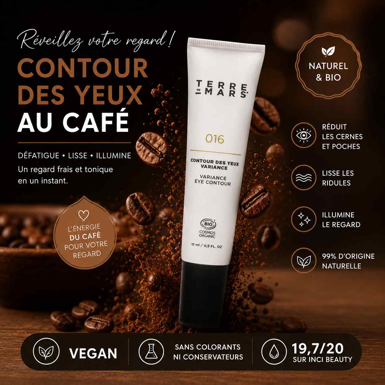 Contour des yeux au café bio Terre de Mars pour homme. Soin naturel qui défatigue le regard, réduit les cernes et les poches, et lisse les ridules.