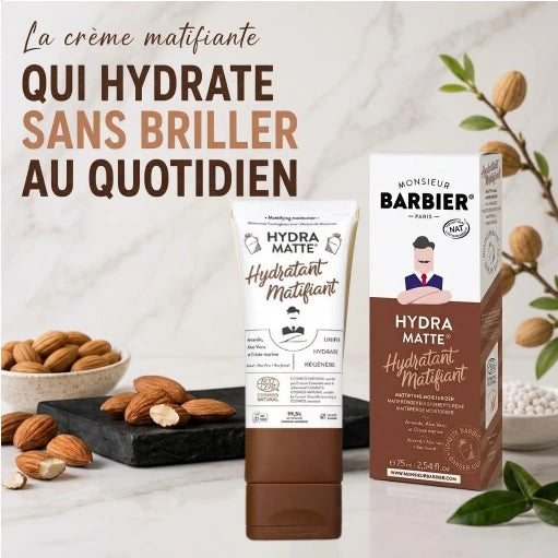 Visuel promotionnel de la crème matifiante visage Hydra Matte Monsieur Barbier avec la promesse « hydrate sans briller au quotidien » et ingrédients naturels.