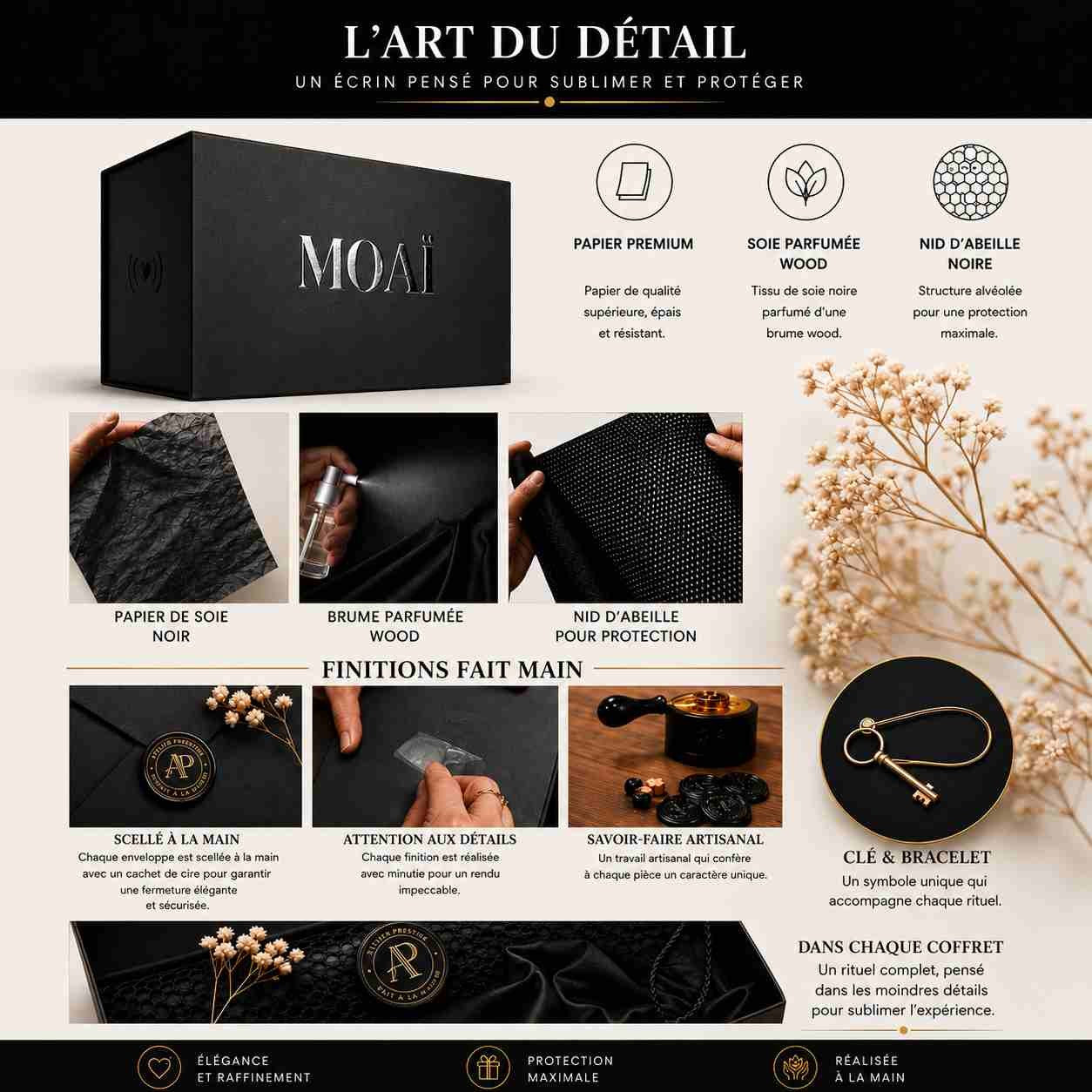 Visuel détaillant la conception premium du coffret MOAÏ. Sont présentés les matériaux et finitions du coffret : papier premium, papier de soie parfumé, protection alvéolée, sceau réalisé à la main, savon artisanal et accessoire signature. Chaque élément est pensé pour offrir une expérience cadeau élégante et soignée.