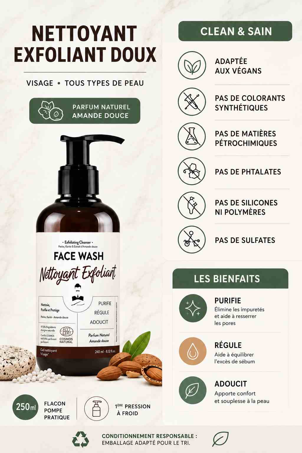 Face Wash Monsieur Barbier, gel nettoyant exfoliant doux pour le visage, adapté à tous les types de peau et enrichi en ingrédients d'origine naturelle
