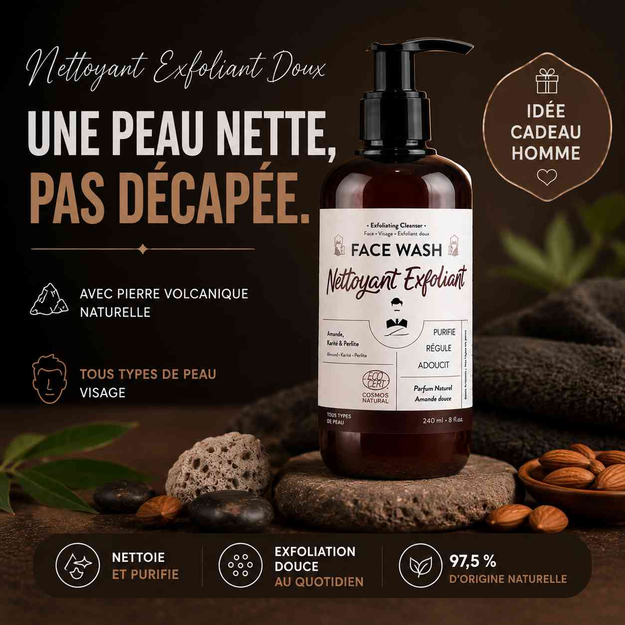 Gel nettoyant exfoliant visage Monsieur Barbier avec pierre volcanique naturelle pour une peau nette