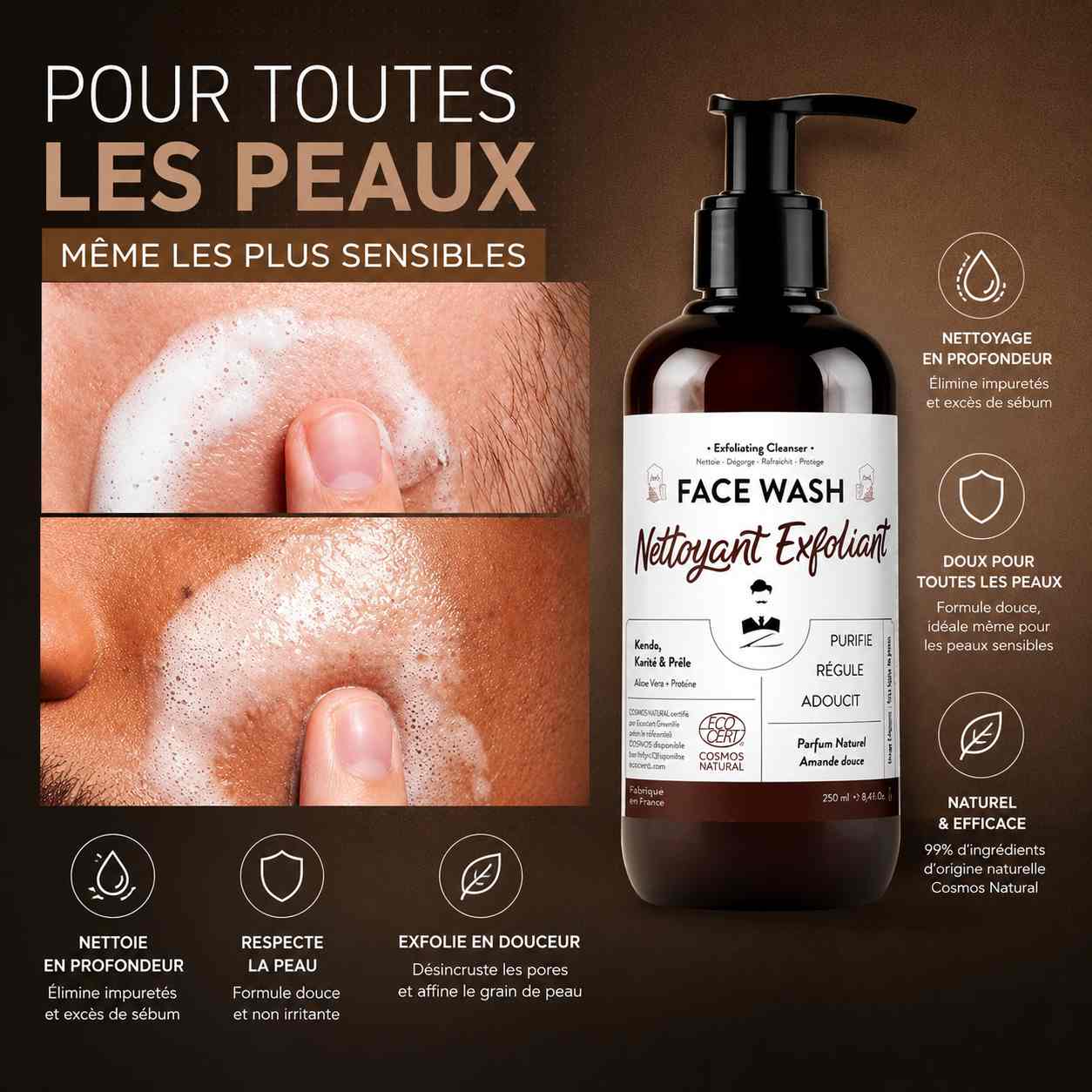 Flacon de nettoyant visage exfoliant pour homme présenté avec une démonstration d’application sur la peau. Le produit est conçu pour nettoyer en profondeur, éliminer les impuretés et l’excès de sébum tout en respectant les peaux sensibles grâce à une exfoliation douce.