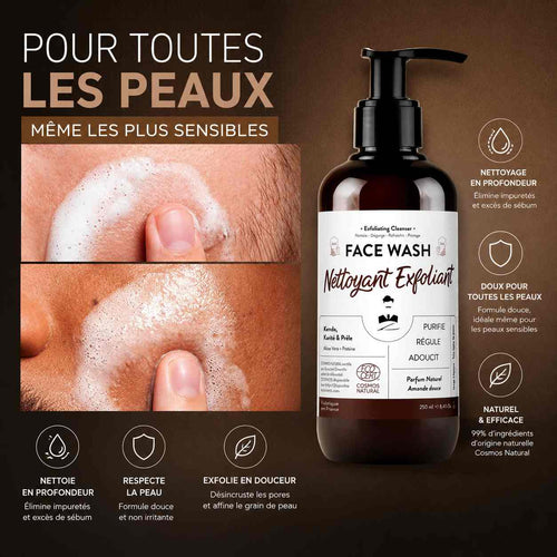 Flacon de nettoyant visage exfoliant pour homme présenté avec une démonstration d’application sur la peau. Le produit est conçu pour nettoyer en profondeur, éliminer les impuretés et l’excès de sébum tout en respectant les peaux sensibles grâce à une exfoliation douce.