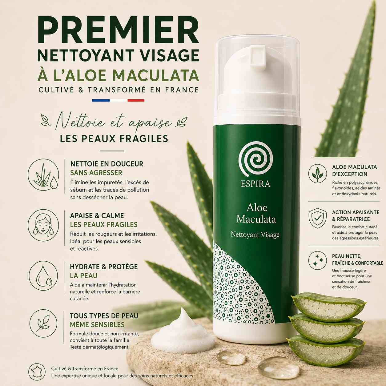 Infographie présentant les bienfaits du gel d'aloe vera ESPIRA pour le visage : hydratant, apaisant, rafraîchissant et à texture légère, idéal pour un usage quotidien.