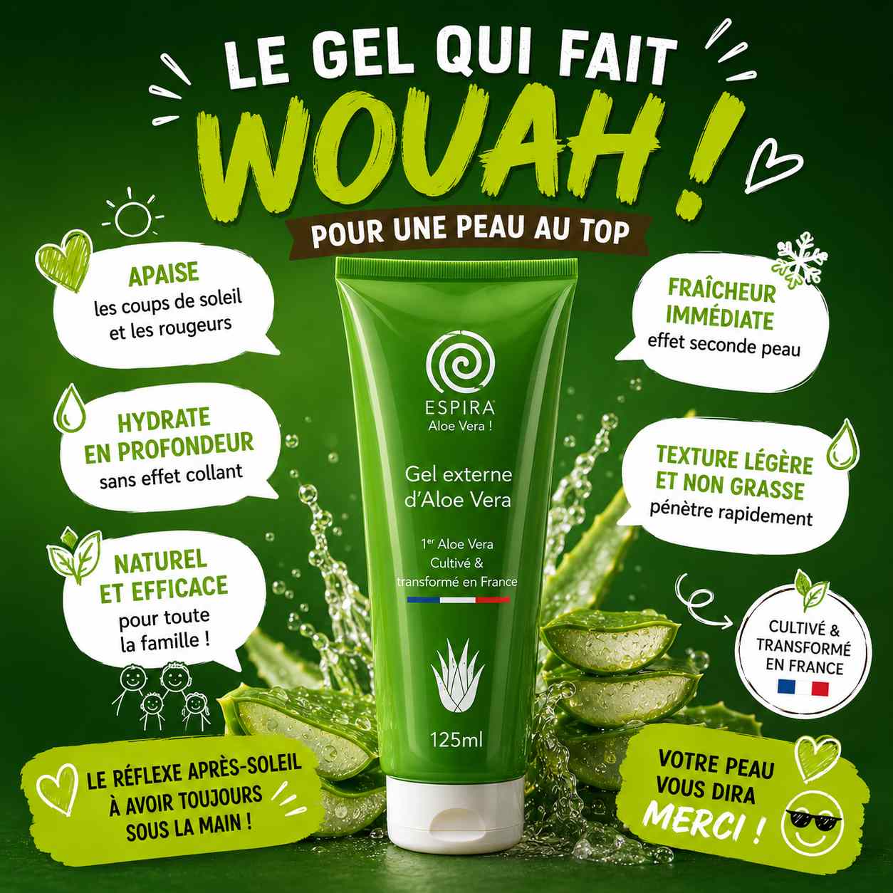Infographie du gel d'aloe vera ESPIRA pour homme. Soin visage naturel qui hydrate intensément, apaise les rougeurs, procure une fraîcheur immédiate et pénètre rapidement.