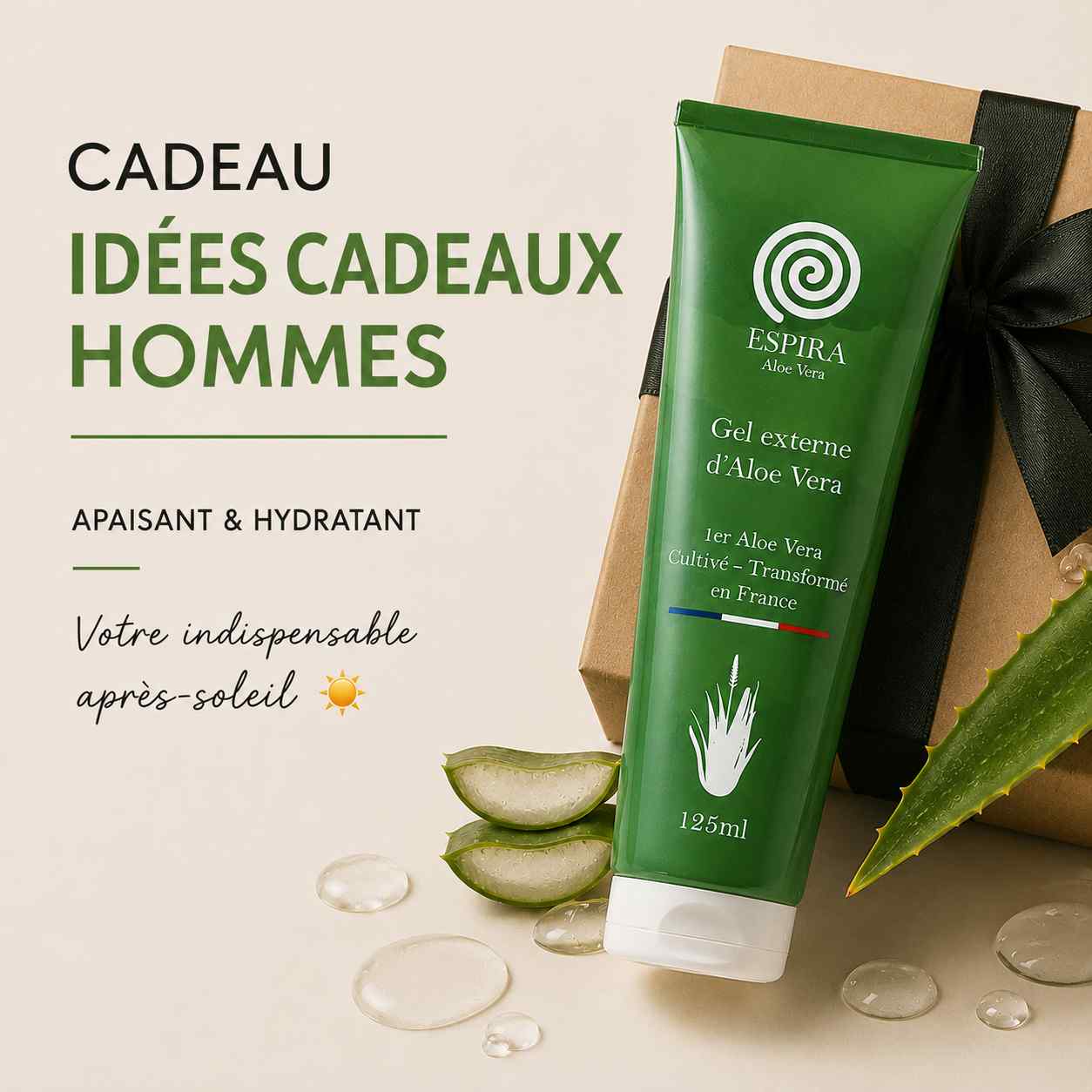 Idée cadeau homme avec gel d'aloe vera ESPIRA, soin visage hydratant naturel qui apaise la peau après le soleil et au quotidien.