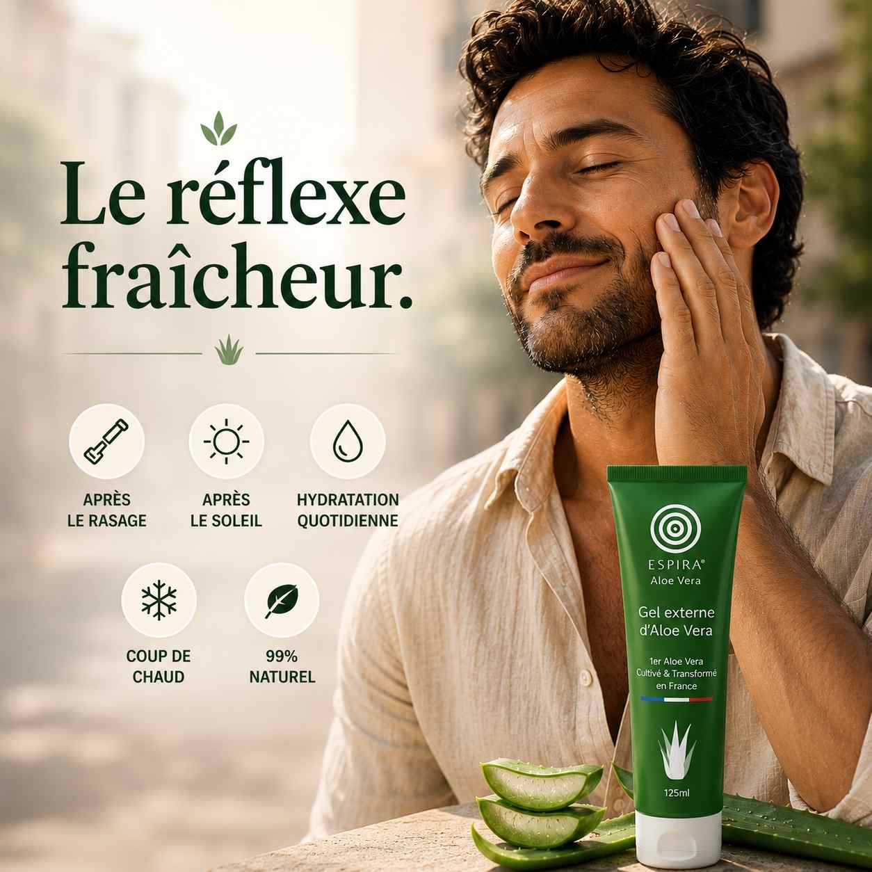 Homme appliquant un gel d'aloe vera sur son visage après le rasage pour hydrater et apaiser la peau avec le gel ESPIRA proposé par MOAÏ.