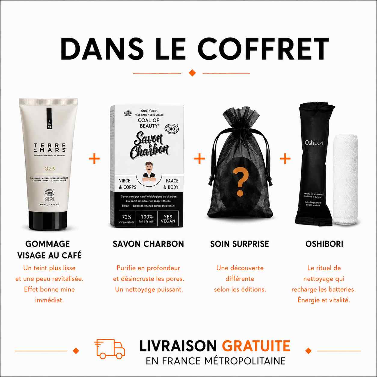 Présentation des produits du coffret homme : gommage visage au café Terre de Mars, savon au charbon actif, soin surprise et serviette oshibori avec livraison gratuite.