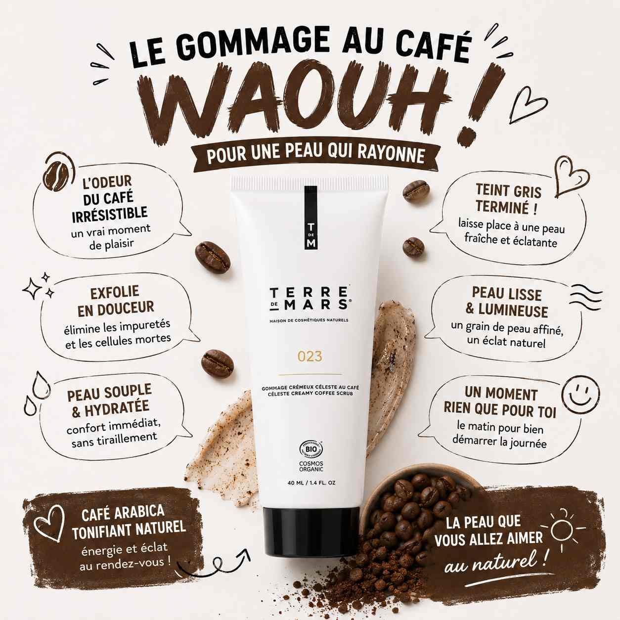 Gommage visage au café bio Terre de Mars pour homme, exfoliant naturel pour une peau plus lisse, nette et lumineuse.