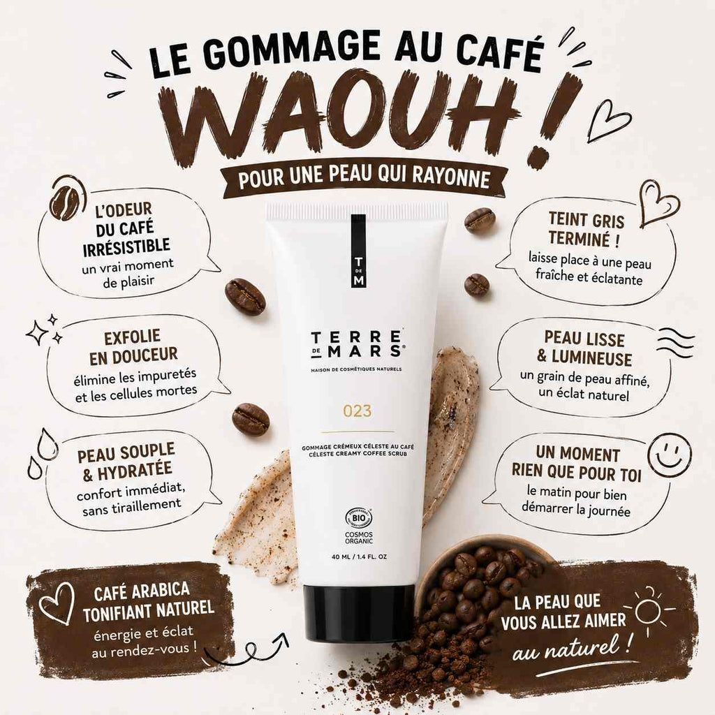 Gommage visage au café bio Terre de Mars pour homme, exfoliant naturel pour une peau plus lisse, nette et lumineuse.