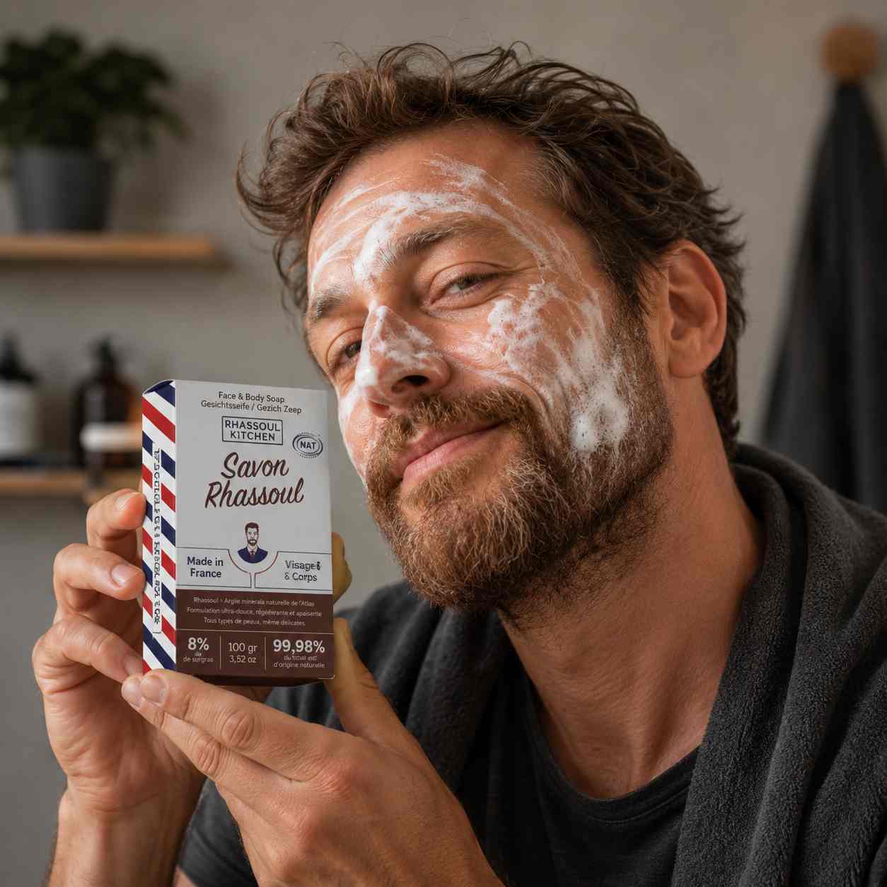 Homme souriant avec de la mousse de savon sur le visage présentant un emballage de Savon Rhassoul de la marque Rhassoul 