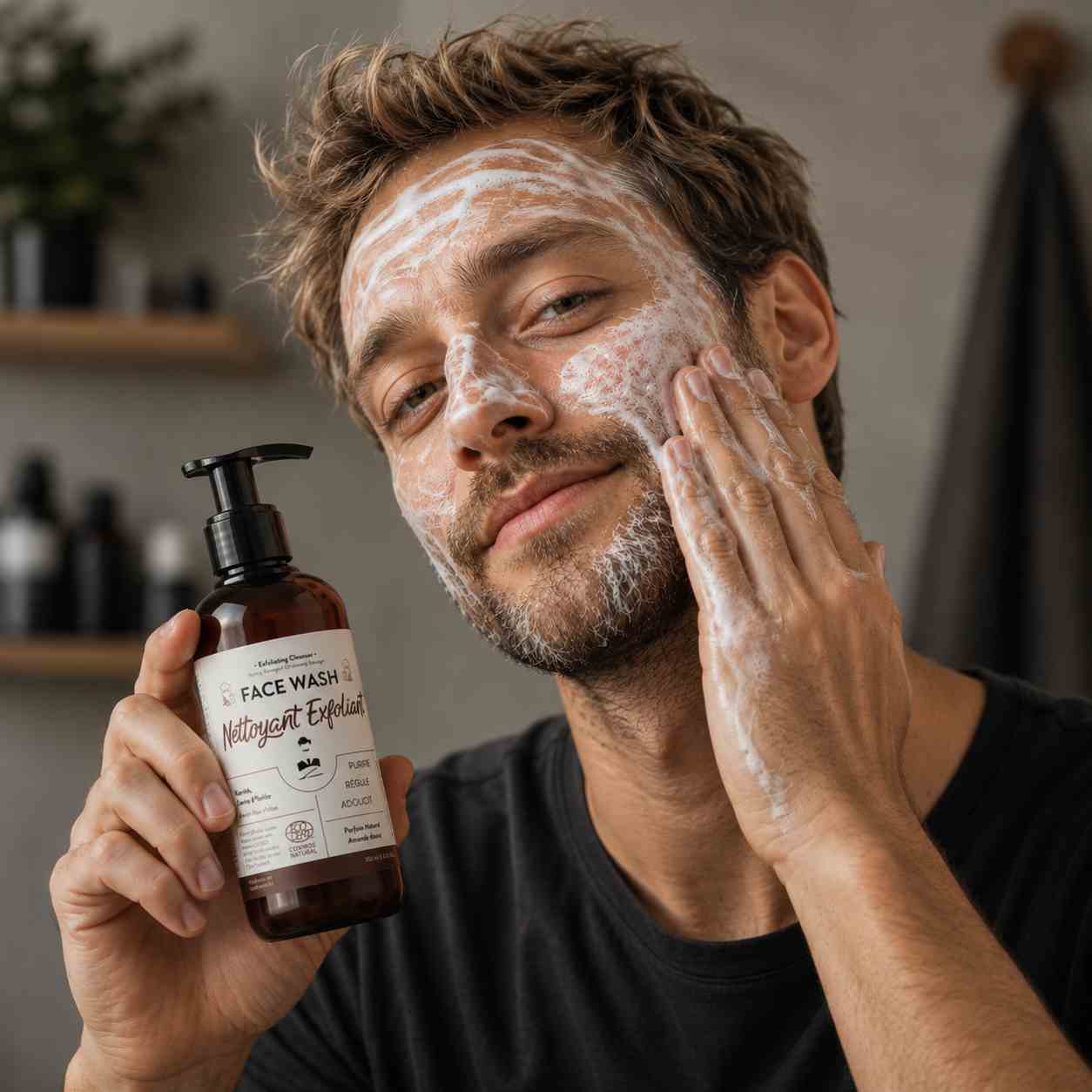 Homme appliquant le Face Wash Monsieur Barbier, gel nettoyant exfoliant pour le visage