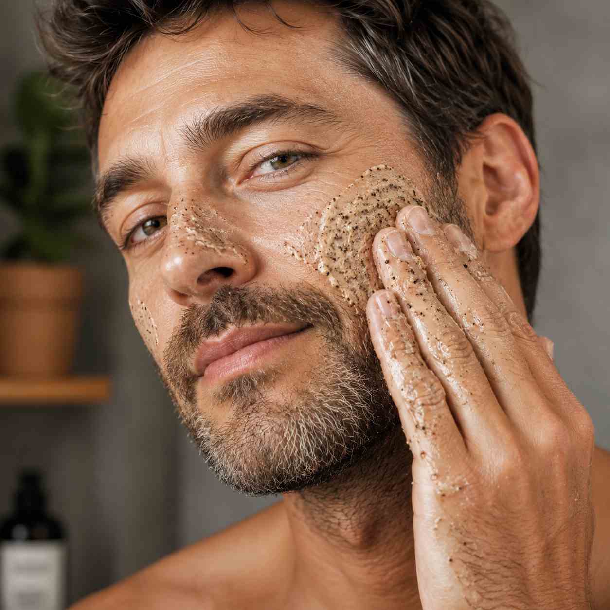 Homme appliquant un gommage visage au café bio pour exfolier la peau, éliminer les impuretés et retrouver un teint plus net et une peau plus douce.