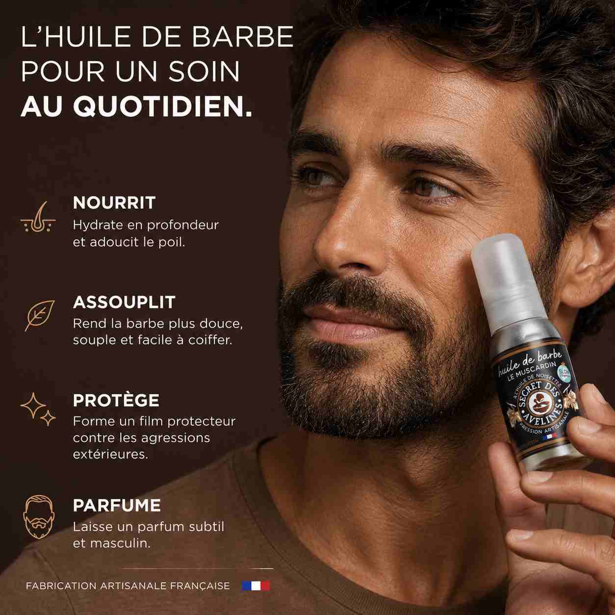 Homme barbu tenant une huile de barbe dans un visuel présentant les bienfaits du produit pour l’entretien quotidien de la barbe. L’huile hydrate, assouplit, protège le poil et laisse un parfum masculin. Fabrication artisanale française.
