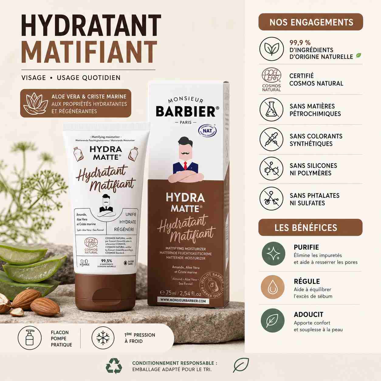 Infographie de la crème hydratante matifiante Monsieur Barbier pour homme présentant ses ingrédients naturels, ses engagements et ses bienfaits pour le visage