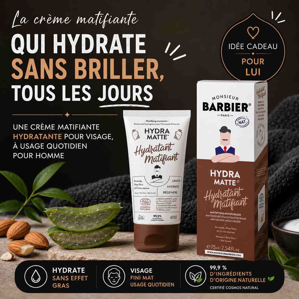 Crème hydratante matifiante Monsieur Barbier pour homme, hydrate la peau sans brillance et convient à un usage quotidien
