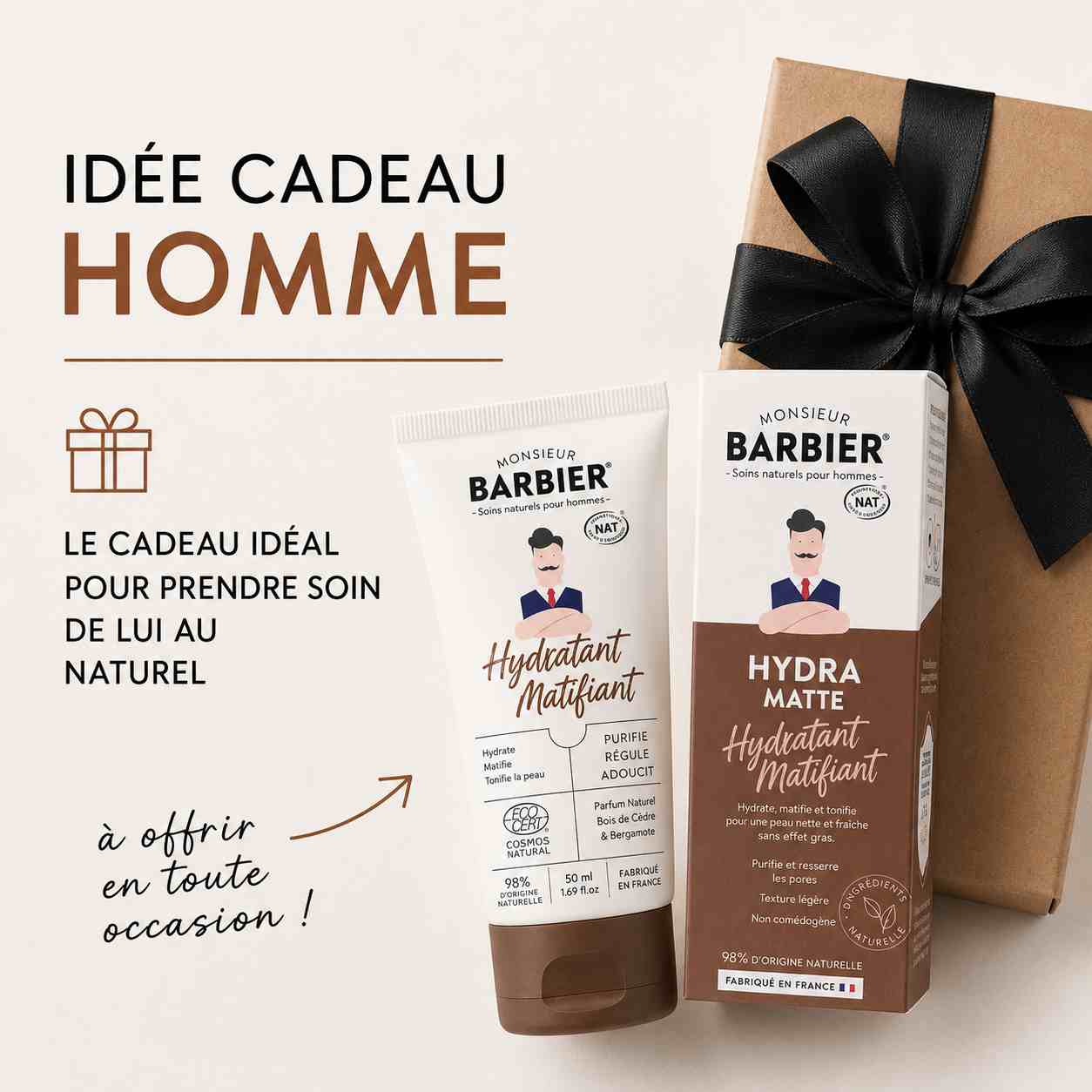 Crème hydratante matifiante MOAÏ pour homme présentée comme une idée cadeau, avec un emballage cadeau élégant pour un anniversaire, Noël ou la fête des Pères.