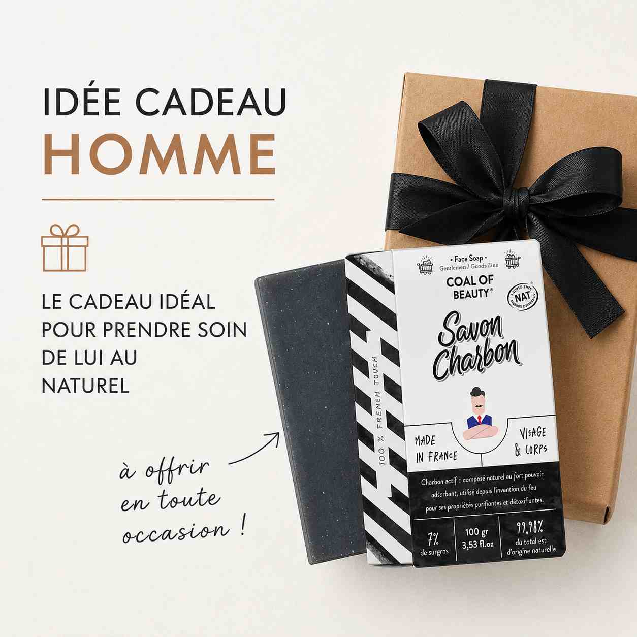 Idée cadeau pour homme avec le savon au charbon actif Coal of Beauty et un coffret cadeau