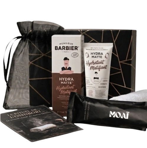 Ensemble de soin visage pour homme comprenant la crème Hydra Matte Monsieur Barbier, des accessoires Moaï et la fiche du rituel Oshibori.