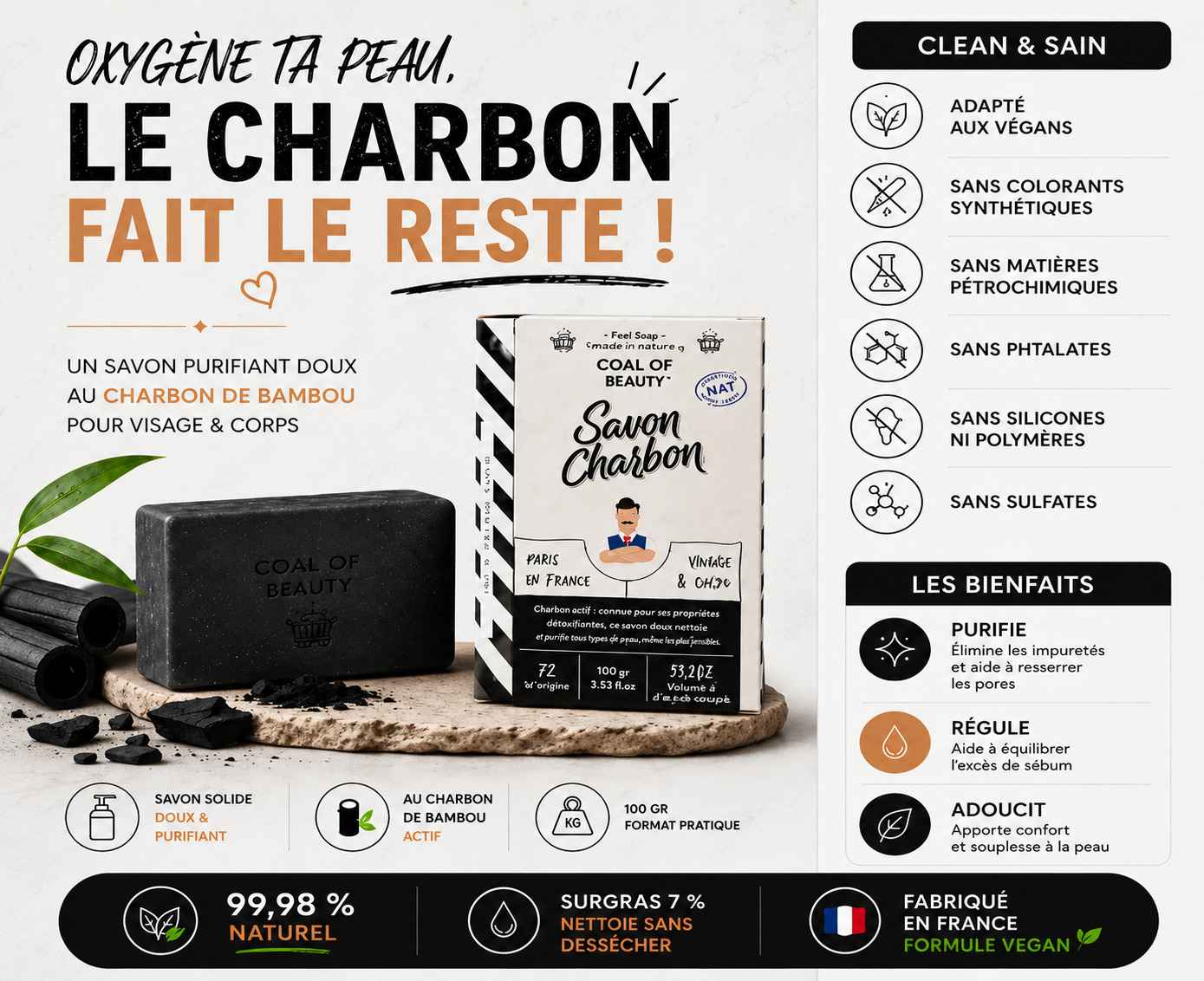 Infographie du savon au charbon actif Coal of Beauty présentant ses ingrédients naturels, ses engagements et ses bienfaits pour le visage et le corps