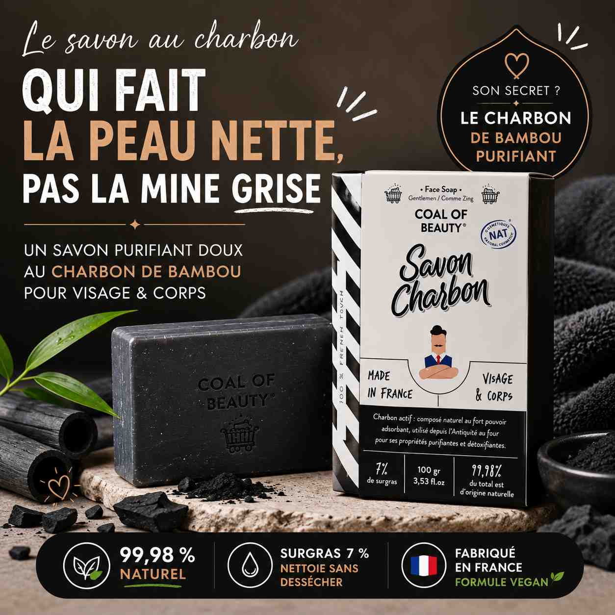 Savon au charbon actif Coal of Beauty pour le visage et le corps, purifie la peau sans l'assécher