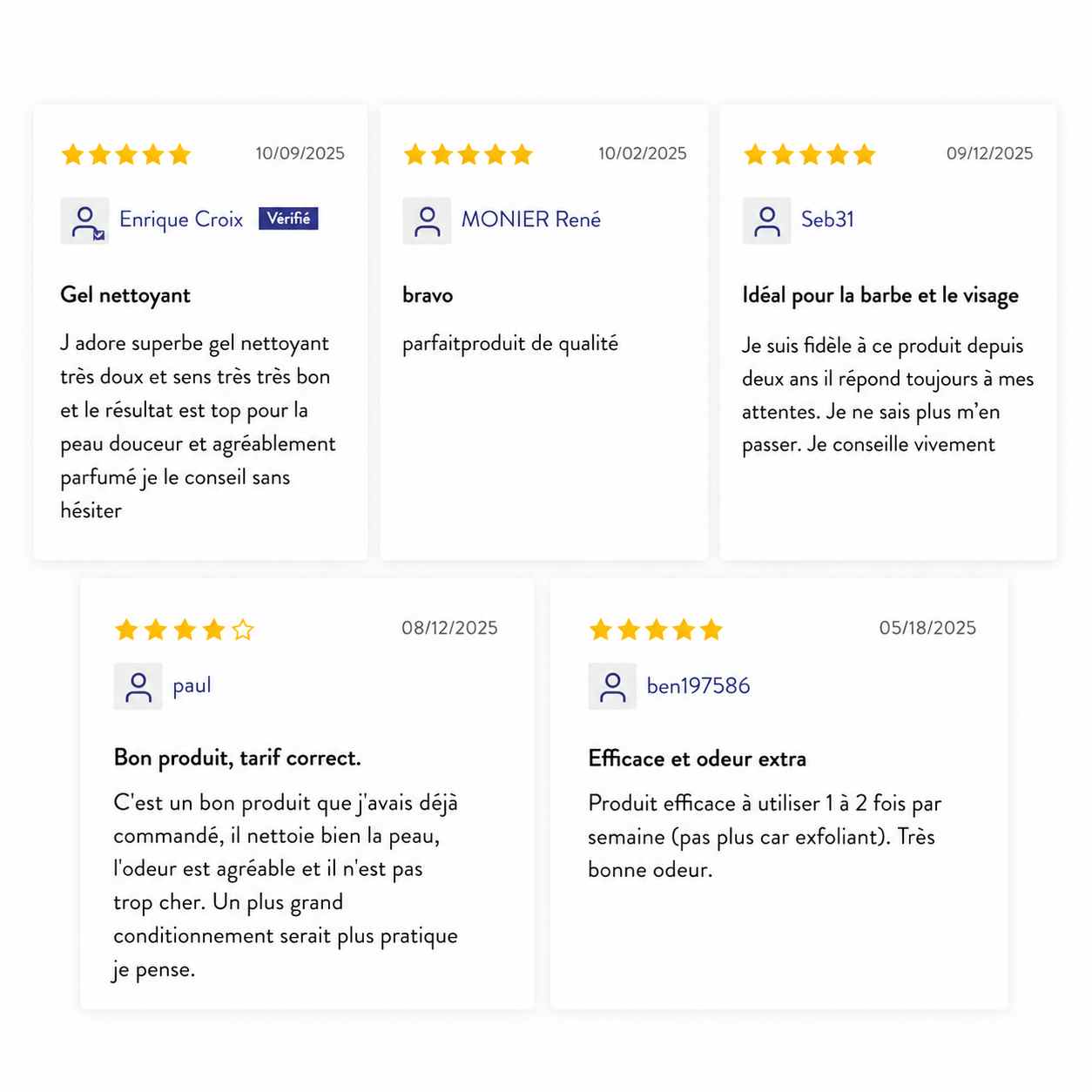 Avis clients 5 étoiles sur le gel nettoyant exfoliant visage homme Monsieur Barbier, apprécié pour son efficacité, sa douceur et son parfum agréable.